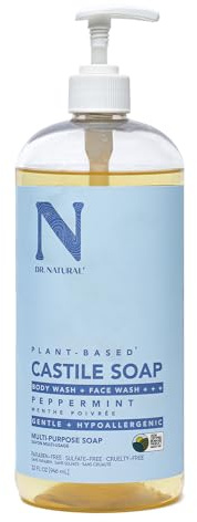 Dr. Natural Castile Liquid Soap - Multi-Use Body Wash, Shampoo and Face Wash - Hydrating Body Soap for Skin, Hair, Pets and Home - Peppermint - 946 ml