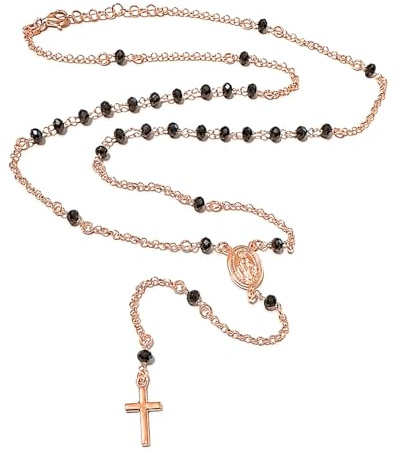 amorili Collana Rosario Uomo Donna in Argento 925 Ramato con Postine e Grani Neri Sfaccettati – Collana Religiosa Cattolica Cristiana di Fede – Gioiello Elegante cll1018