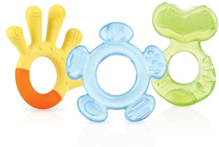 Nuby Set Dentizione in 3 Fasi, Confezione da 3 Anelli Dentizione per Bambini, Superfici Testurizzate, Compatibili con il Frigorifero, 3 mesi +