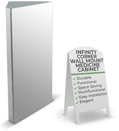 Renovators Supply Infinity Corner Wall Mount Medicine Cabinet with Mirror Polished Stainless Steel Bathroom Storage 23.6 x 11.8 Inches Hanging Triple Shelf Storage Cabinet Opens Right to Left