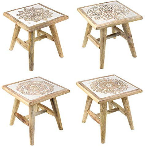 Carousel Home and Gifts White Washed Rustic Shabby Chic Wooden Hand Carved Mango Wood Stool ~ Design Vary