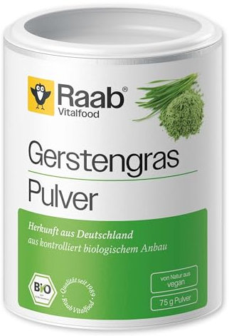 Raab Bio Gerstengras-Pulver, rückstandskontrolliert, vegan, Rohkost-Qualität, Raw Food, glutenfrei, enthält natürlicherweise Eisen, Folsäure und Vitamin K, 1er Pack ( 75 g Dose)