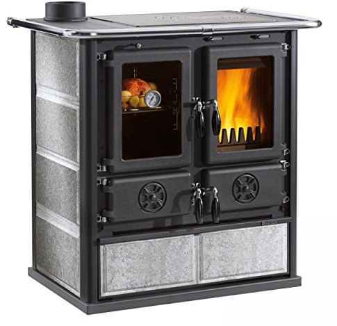 Nordica ROSETTA SX Rivestimento in Pietra Naturale. Focolare interamente in ghisa. Porta fuoco panoramica con vetro ceramico. Forno smaltato panoramico da 28lt. Telaio, piastra e cerchi in ghisa. Cass