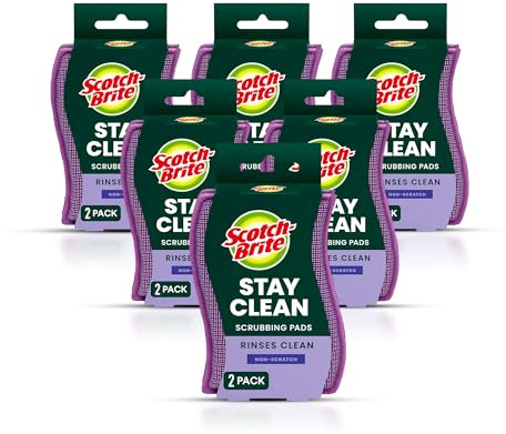 Scotch-Brite Stay Clean Scrubber Pads, Non-Scratch Dish Sponges for Kitchen Cleaning, 12 Count, Rinses Clean, Odor-Resistant, Safe on Non-Stick Cookware, Pots, Pans, and Glassware