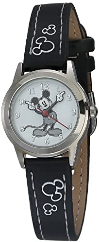 Disney Mickey Mouse Analog Kids Watch with Moving Hour and Minute Hands, Classic Black Strap, Easy-Read Dial, Durable Mineral Crystal, Gift Box, Fits Wrists 5.5 to 8
