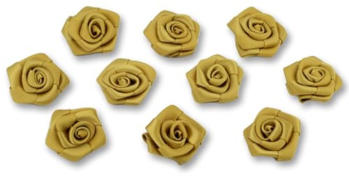 Creativery Satinrosen 3cm 10 Stück zum Basteln Dekorieren Verzieren - Farbauswahl - kleine Deko Rosen aus Stoff - Hochzeit Tischdeko Geschenkverpackung Scrapbooking Handarbeit Blüten Dekoideen Gold