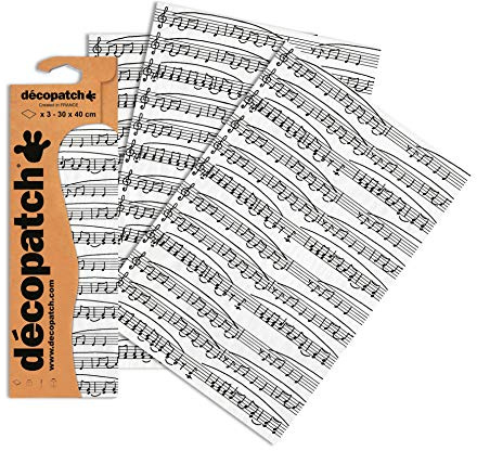 Decopatch C468O - 1 BUSTA da 3 fogli di carta stampata 30x40 cm, Note musicali