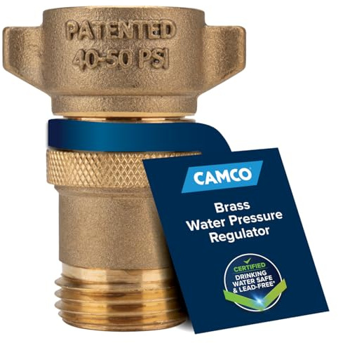Camco Brass Marine/RV Water Pressure Regulator – Protects RV Kitchen Small Appliances, Plumbing & Hoses – Reduces RV Water Pressure to Safe & Consistent 40-50 PSI – Drinking Water Safe (40055)