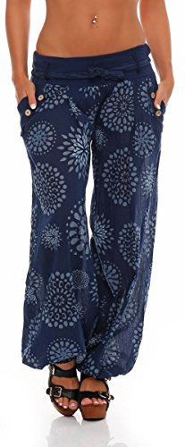 Malito - Haremshose Damen mit Print - Unisize Pumphose aus Baumwolle - Leichte Stoffhose - Sommerhose für warme Tage - Dünne Aladinhose 3481 (Dunkelblau)