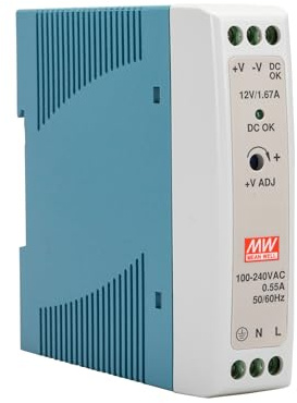 MDR-20-12 | MEANWELL 20 WATT DIN Mount Power Supply 85~264V AC 1PH:120~370V DC Input 12V 1.6A Output