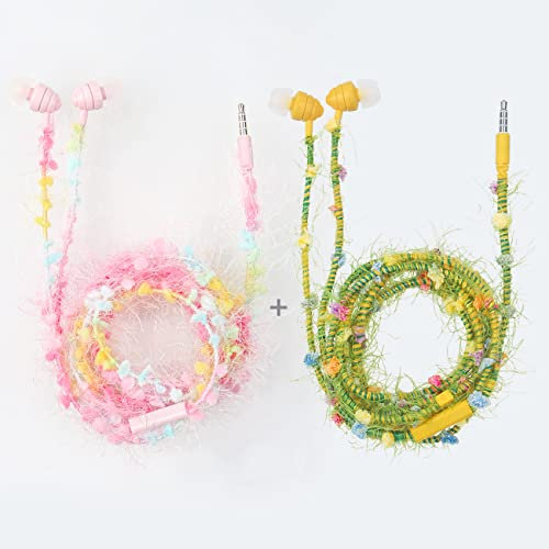 URIZONS [2 Piezas Auriculares con Cable Trenzado de Colores - Auricular de Felpa en la Oreja Sin Enredos Lindos Audífonos de Flores Descomprimidos con micrófono Orificio Redondo para Niños