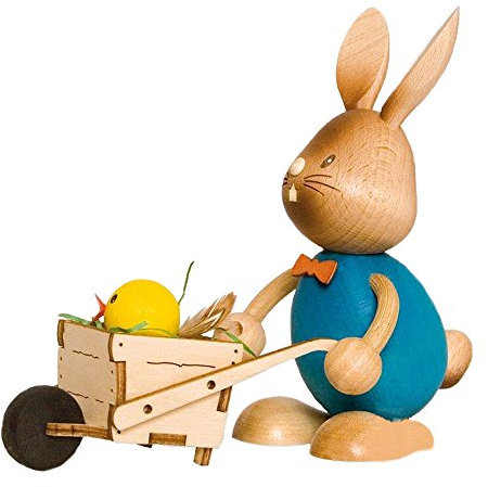 Kuhnert Drechslerei Osterdekoration/Osterhase „Stupsi Hase mit Schubkarre“ 11 cm hoch, aus feinstem Holz, für EIN Bezauberndes Osterfest oder eine dauerhafte Dekoration, Holzkunst Made in Germany