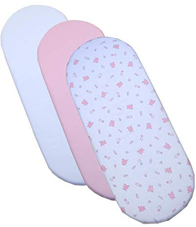 Set de 3 sábanas elásticas BabyPrem, bajeras, de algodón, de niñas, para colchones de canastas de carros 73 – 76 x 28 – 30 cm rosa Pink Teddy & Dummies
