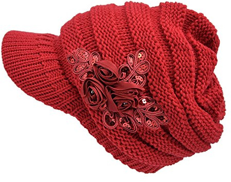 Tuopuda® Berretto in Maglia con Visiera Donna Beanie Cappello Invernale con Decorazione di Fiori (Rosso)