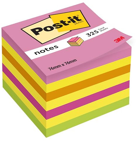 Post-it Notes Autocollantes Cube, Couleurs Neon Rainbow, 1 Bloc de 325 Feuilles, 76 mm x 76 mm, Rose, Jaune, Orange, Vert - Feuillets Adhésifs pour Prise de Notes, Listes de Tâches et Rappels