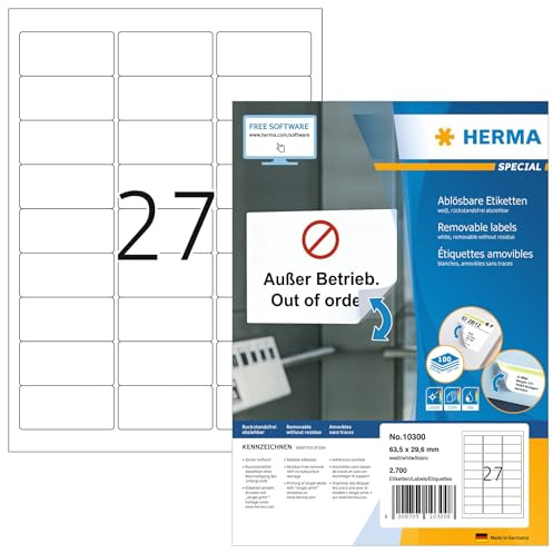 HERMA 10300 universella etiketter A4 avtagbart (63,5 x 29,6 mm, 100 ark, papper, matt) självhäftande, utskrivbara, avtagbara och återhäftande adressetiketter, 2 700 klistermärken, vit
