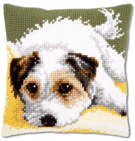 VERVACO Kit Cuscino Punto Croce Cane Che SCODINZOLA Set Ricamo Principianti Cuscini Gobelin Decorativi ca. 40 x 40 cm Accessori per Lavoretti Creativi DIY Casa Decor Hobby Adulti Cross Stitch
