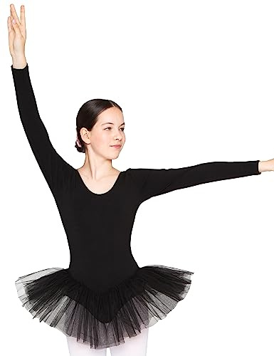 tanzmuster ® Ballettkleid Mädchen Langarm - Alea - (Größe 92-170) Tutu aus weicher Baumwolle Ballettbody Ballett Trikot in schwarz, Größe 116/122