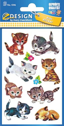 AVERY Zweckform 4346 - Papier Sticker Katzen, Aufkleber, Kindersticker, Kindergeburtstag, Mitgebsel, Gastgeschenke, Sammeln, Preise Partyspiele, Schnitzeljagd, Schatzsuche, 30 Sticker
