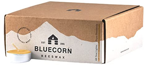 Bluecorn Beeswax Tea Light Candles, 100% Pure Natural Bees Wax, Yellow Tea Lights in Metal Cups, Fragrance Free, Paraffin & Soy Free Candle Wax, Clean Burning, Long Lasting, American Made, 48 Pack