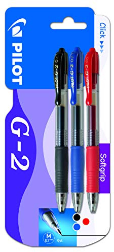 Pilot G2, Set 3 Bolígrafos tinta de gel retráctil, Color Negro, Azul y Rojo