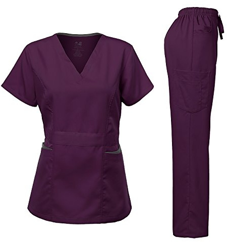 Dagacci Medical Uniform Women's Scrubs Set Stretch Contrast Pocket Eggplant XXS