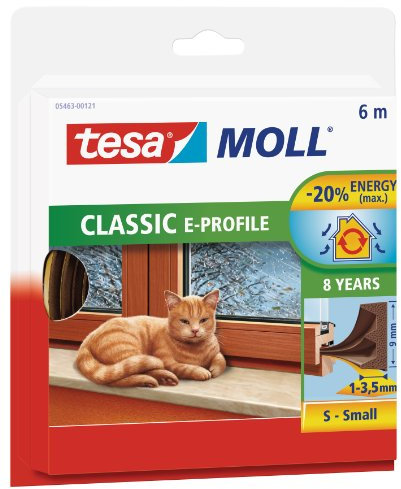 tesamoll Perfil E, Burlete de Caucho Autoadhesivo para Aislar Ventanas y Puertas y Sellar Huecos, Marrón, 6 m x 9 mm x 4 mm