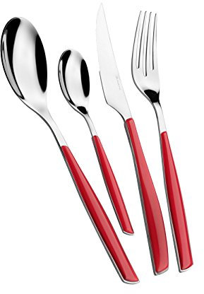 BUGATTI, Glamour, Set Posate 24 pezzi in Acciaio Inox 18/10 e manico colore ROSSO. Set Posate 6 persone composto da 6 cucchiai, 6 forchette, 6 coltelli e 6 cucchiaini caffè