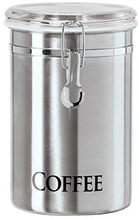 Oggi Stainless Steel Coffee Canister 62 fl oz - Airtight Clamp Lid, Clear See-Thru Top - Ideal for Coffee Bean Storage, Ground Coffee Storage, Kitchen Storage, Pantry Storage. Large Size 5 x 7.5.