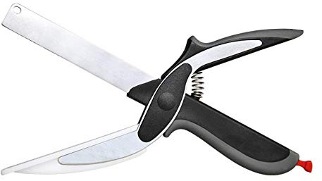 Tijera Cúter inteligente de comida 2 en 1. Combina tijera con tabla de cortar y cuchillo de cocina con guía para el corte. Ahorra tiempo y esfuerzo. Acero inoxidable. Muy fácil de usar y limpiar.