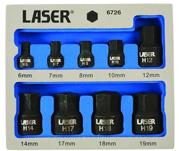 Laser 6726 Low Profile Impact Hex Socket Bit Set 1/4D, 3/8D 9pc, Silver