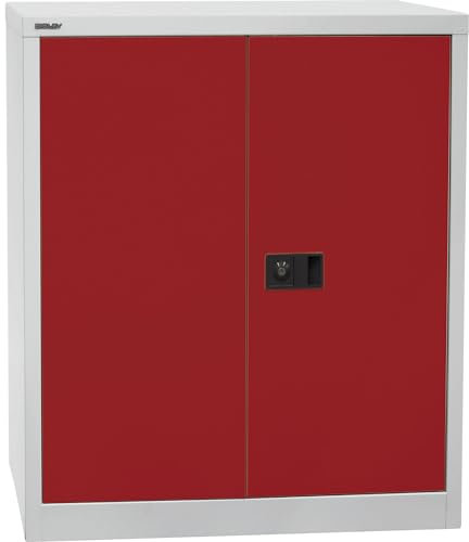 BISLEY Flügeltürenschrank Universal, 1 verzinkter Fachboden, 2 OH, Metall, 506 Korpus Lichtgrau, Fronten Kardinalrot, 40 x 91.4 x 100 cm