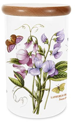 Portmeirion x Botanic Garden Sweet Pea Storage Jar with Lid - Airtight Rubber Seal for Freshness, Durable Made in England Earthenware, Multi-Colour Floral Design, 20cm