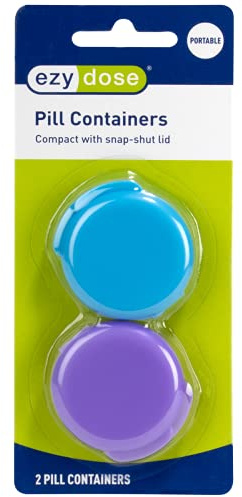 EZY DOSE Daily Round, Compact, Small, Disrcrete, Portable On-The-Go Pocket Pharmacy, Pill Box, Organizer and Vitamin Containers, Snap Shut Lids, Travel Friendly, Colors May Vary, 2 Pack, BPA Free