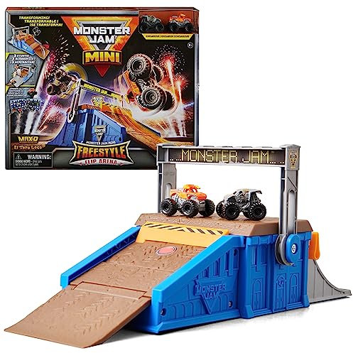 Monster Jam Mini Freestyle Flip Arena Playset and Storage with 2 Mini Monster Jam Trucks, Kids’ Toys for Boys and Girls Ages 3 and up