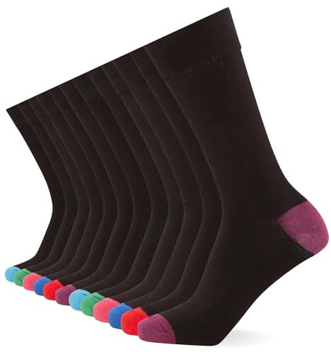 FM London Homme Chaussettes Intelligentes Fm London (Lot de 12) Chaussettes de mollet à motifs respirantes, Noir/couleur talon et pointe, 39-46