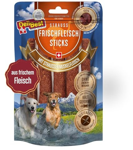DeliBest Frischfleisch Straussen Sticks I Straussenfleisch für Hunde I Hundeleckerli getreidefrei I natürlicher Hunde Zahnsteinentferner I Hundezahnpflege Snack, 7 Stück (1er Pack)