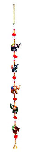 Super India Door Hanging Decorative Five Hand Painted Elephant Stringed Together with Beads and Brass Bell Set of 2 pcs