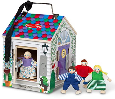 Melissa & Doug Wooden Doorbell House – Portable Playset for Children | With Lock, Key & Little People | Fine Motor Skills | Age 3+