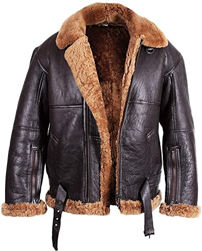 Brandslock Mens Aviator Flying B3 Real Shearling Sheepskin Leather Bomber Jacket (XXL, Brown)