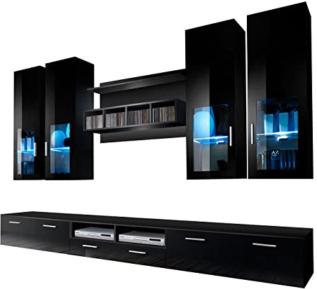 MB Muebles Bonitos, Ensemble de Meubles de Salon Acosta avec Meuble TV, Design Modulaire Moderne, Lumière LED, Couleur Noir, Longueur 300 cm