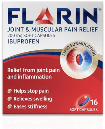 Flarin Joint and Muscular Pain Relief, 200 mg Soft Capsules, Muscle, Rheumatic, Joint and Back Pain Relief, Lipid Ibuprofen, Unique Lipid Formulation, Painkillers, 16 Soft Capsules