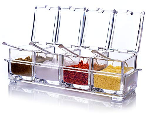 ME.FAN Clear Seasoning Rack Spice Pots - 4 Piece Acrylic Seasoning Box - Storage Container Condiment Jars - Cruet with Cover and Spoon