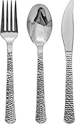 Decorline- Set de Couverts réutilisables 180 pièces- plastique rigide écologiques pour une utilisation quotidienne durable - Effet Martelé - Argent