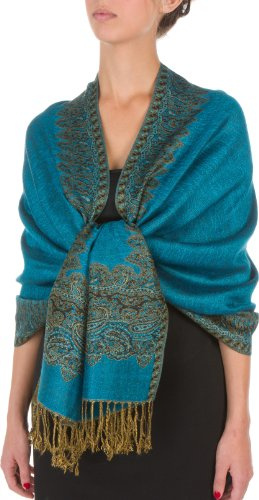 Sakkas Border Patr├│n de capas de tejido reversible chal pashmina bufanda Wrap Stole - turquesa