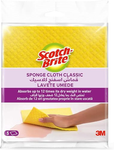 Scotch-Brite Sponge Cloth, Yellow, 5 Sponges - Ideal Everyday Washing up Sponge for Kitchen, Bathroom, and Household, use on Non-Stick Cookware and Glass