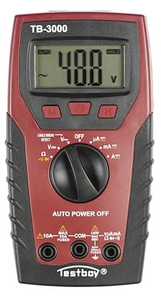 Testboy 3000 Digital-Multimeter mit Kabelbruchdetektor und Sicherheitsstufe CAT IV (LED-Taschenlampe, Auto Range, Data-Hold, ABS-Kunststoffgehäuse), Rot/Schwarz