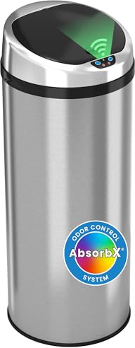iTouchless 13 Gallon Touchless Sensor Kitchen Trash Can with Odor Control System, Brushed Stainless Steel, Round Garbage Bin for Home or Office - IT13RCB