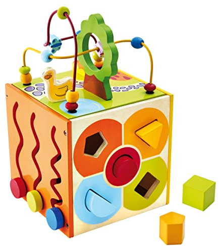 Bino Motorikwürfel, Spielzeug für Kinder ab 1 Jahr, Kinderspielzeug (Holzspielzeug mit 5 verschiedenen Spielmöglichkeiten, fördert die motorischen Fähigkeiten, kindgerechtes Design), Mehrfarbig