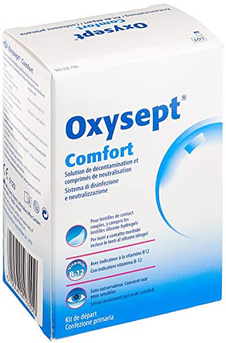 AMO Oxysept Comfort Pack – Peroxid-System zur besonders schonenden Reinigung weicher Kontaktlinsen – 1 x Kontaktlinsenflüssigkeit + 6 x Neutralisationstabletten
